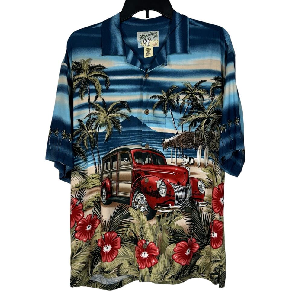 Authentic Big Dogs Medium Hawaiian Shirt Button-Up Woodie Car Tree Short Sleeve